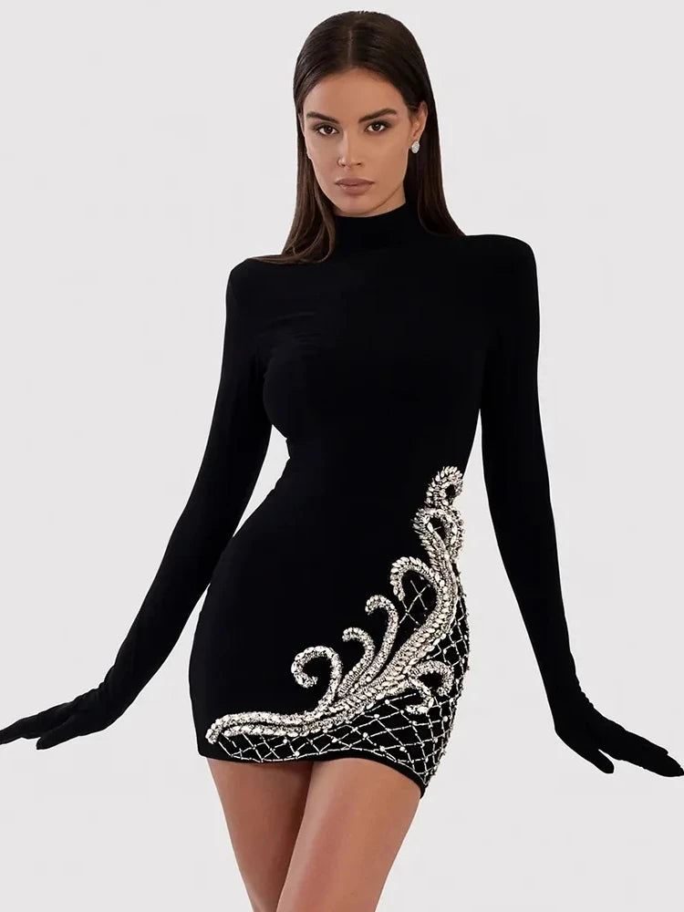 Long Sleeve Gloves Sparkling Diamonds Decor Velvet Mini Dress