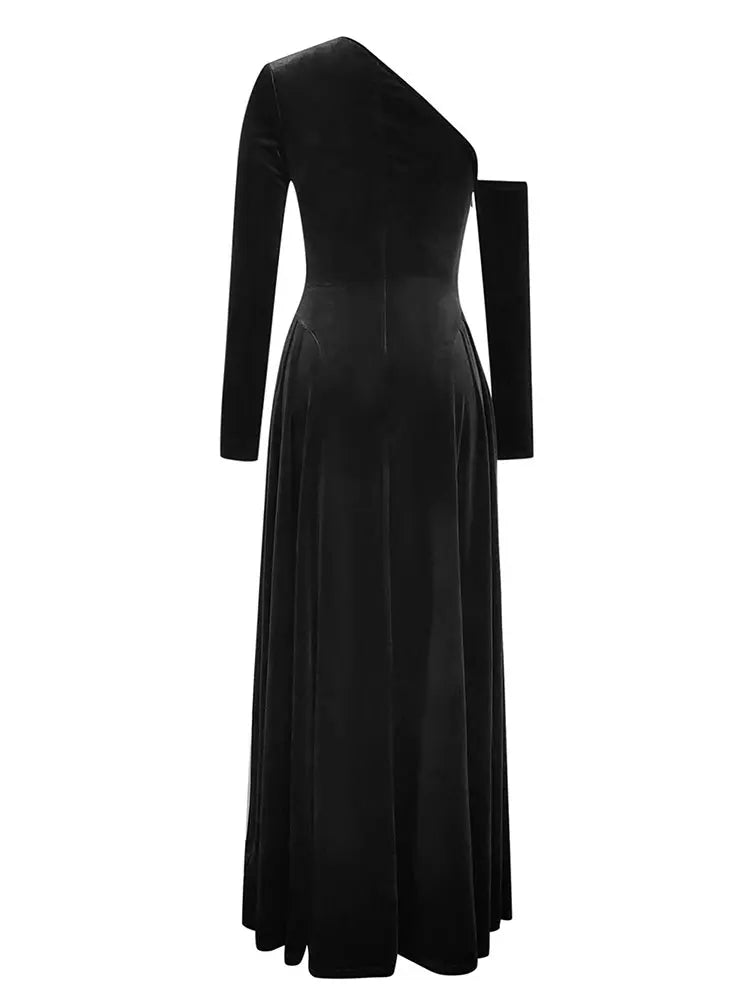 Velvet Slant Neck Long Sleeve Loose Hundred pleats Maxi Dress