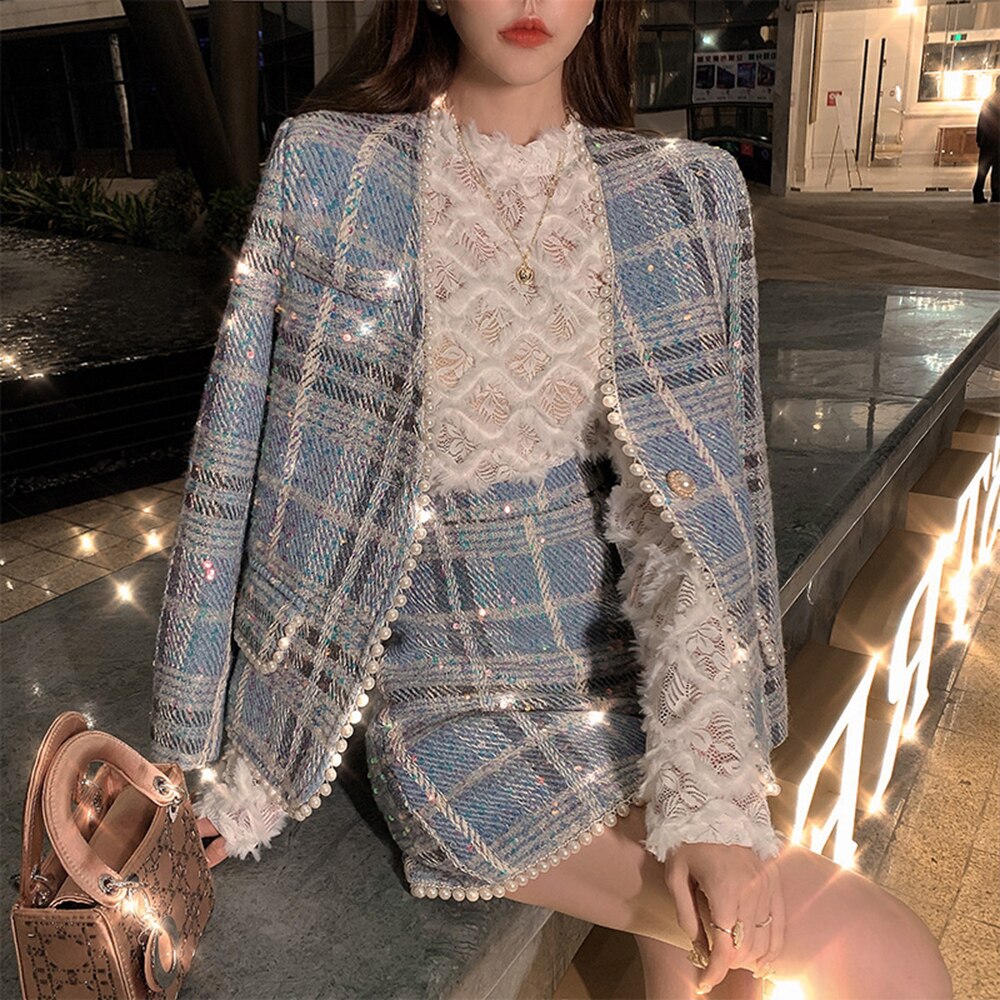 Sequined Pearl Plaid Tweed Single-Breasted Blazer & High Waist Mini Skirt Set