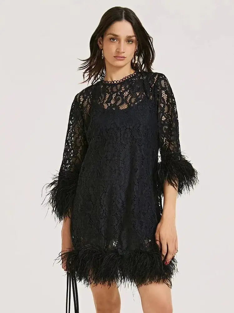 Feather Lace Belt Long Sleeve O Neck Slim Fit Mini Dress