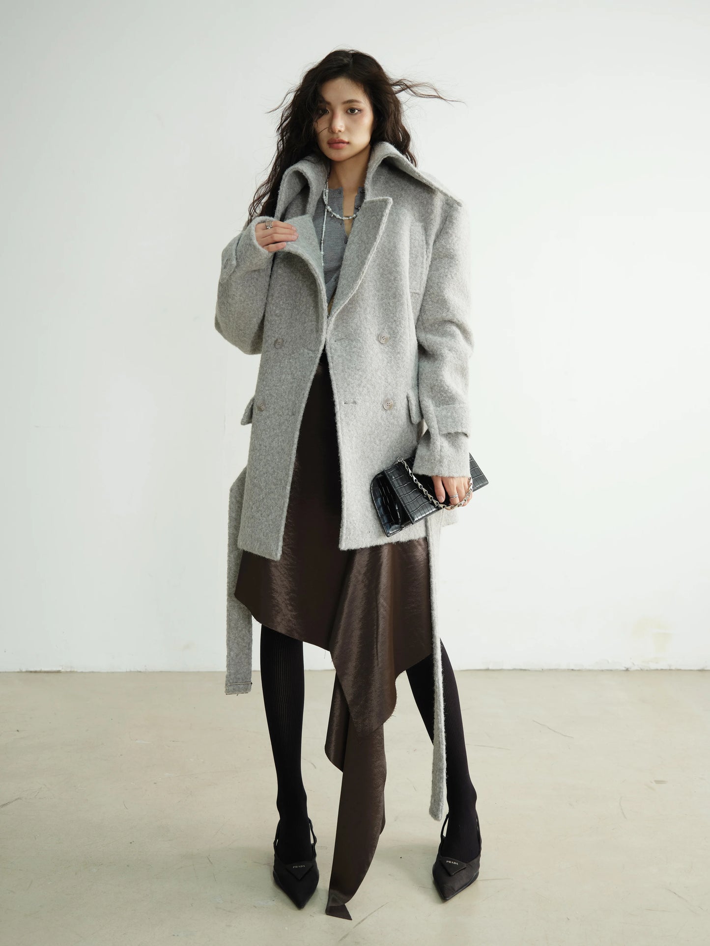 Patchwork Pockets Belted Long Sleeve Spliced Button Woollen Coat