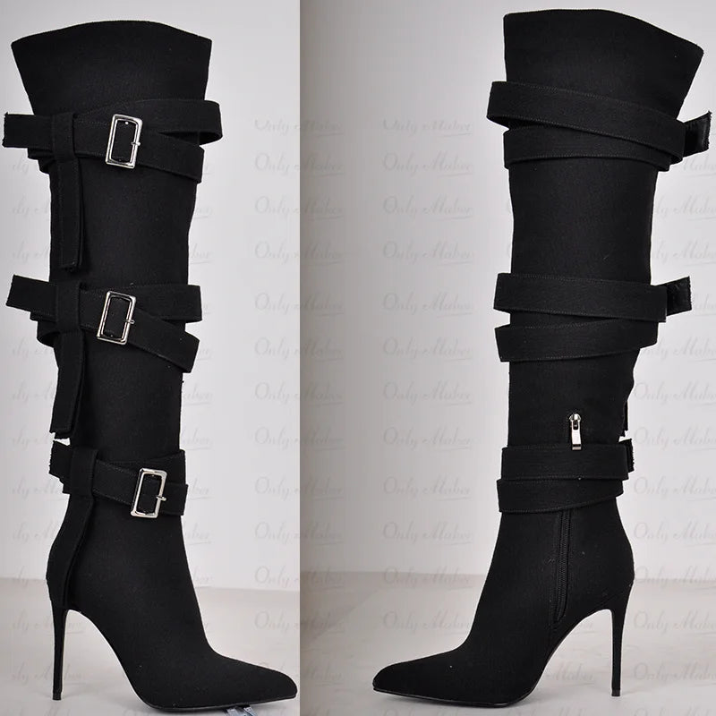 Pointed Toe Canvas Buckle Strap Thin High Heel Zipper Knee High Boots