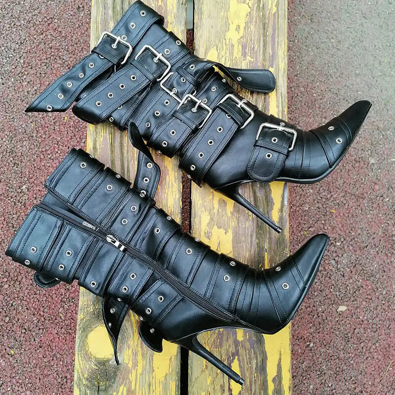 Multiple Buckle Strap Thin High Heel Zipper Side Pointed Toe Mid Boots