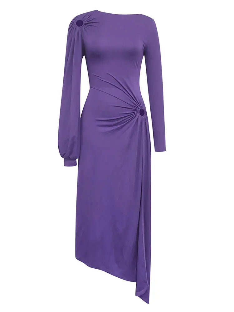 Asymmetric O-Neck Long Sleeve Hollow Out Maxi Dress