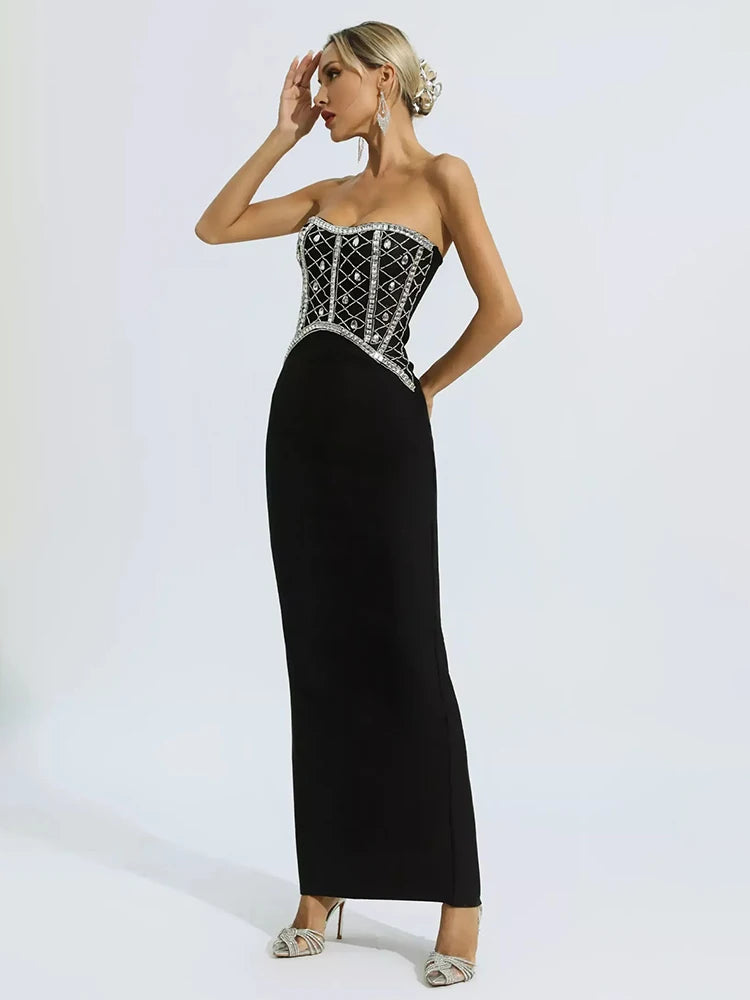 Knitted Strapless Tube Diamonds Studs Nail Beads Bandage Maxi Dress