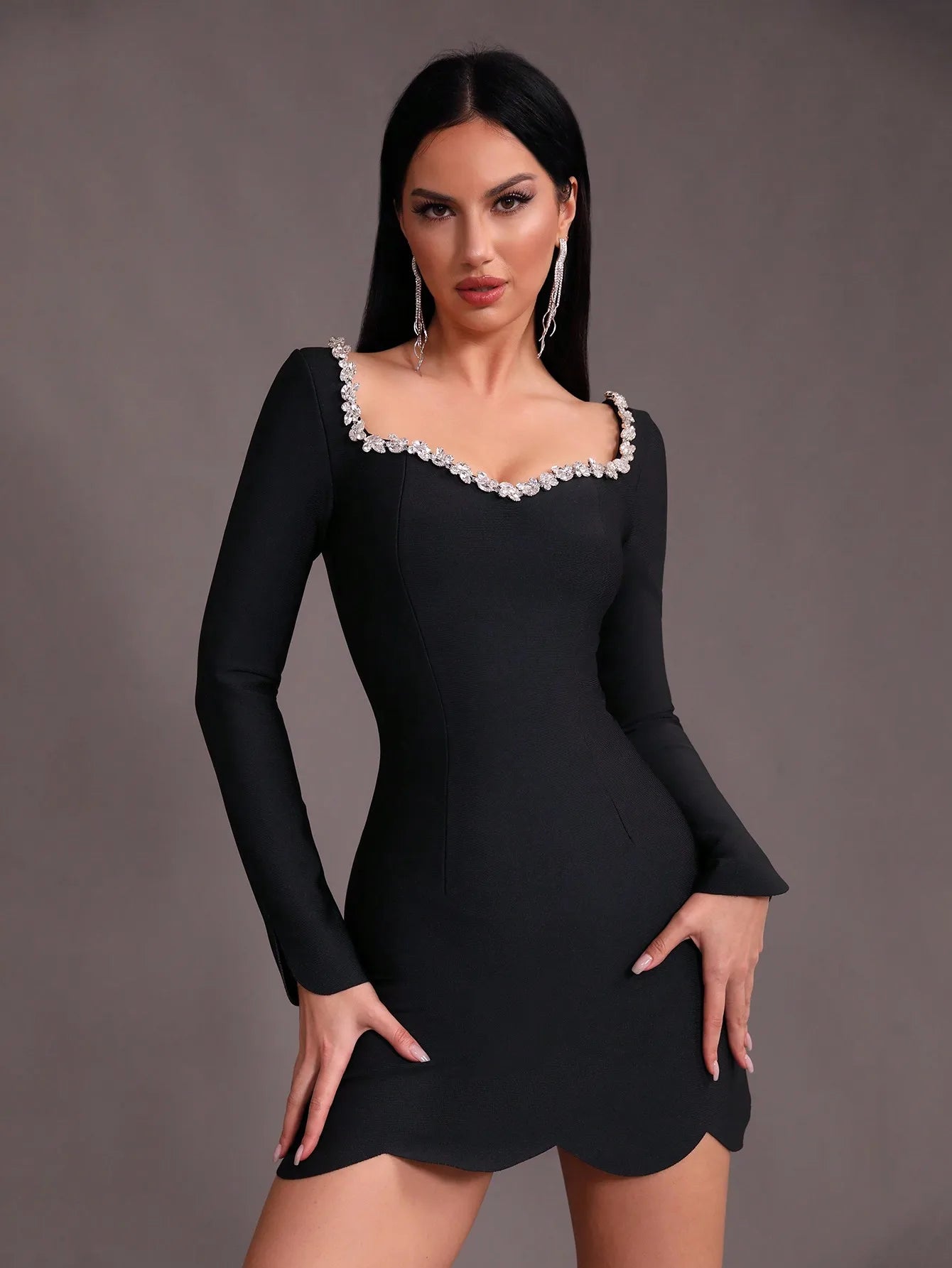 Long sleeve Diamond  Square Neck Short Tight Bandage Mini Dress