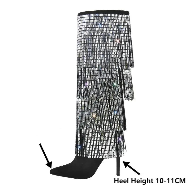 Pointed Toe Rhinestone Tassel Crystal Thin Heel Knee High Boots