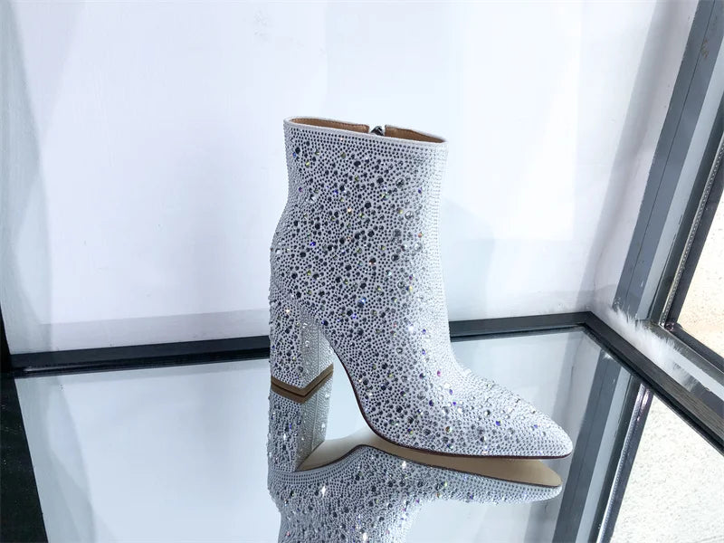 Pointed Toe Silver Rhinestone Glitter Bling Shiny Ankle Boots