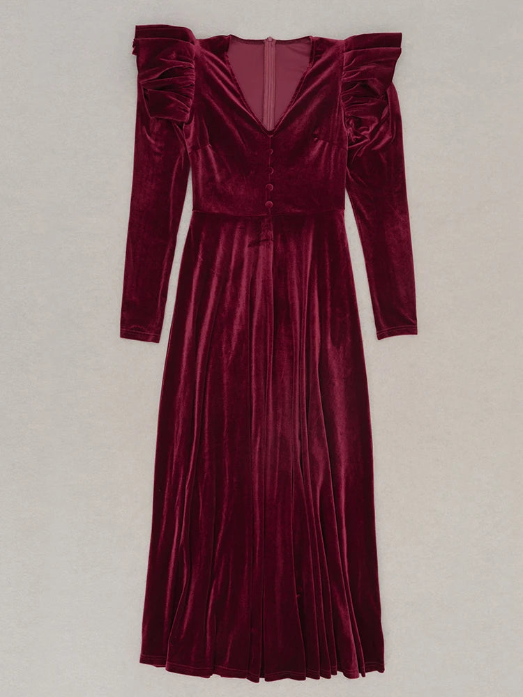 V Neck Ruffles Long Sleeve Velvet Button Slim A line Maxi Dress