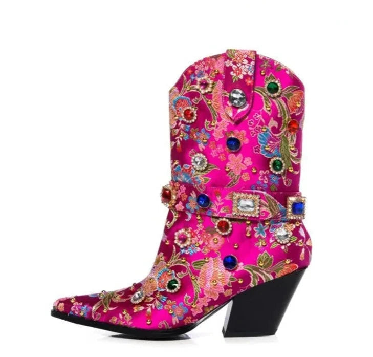 Flower Embroider Diamond Pointed Toe High Heel Ankle Boots