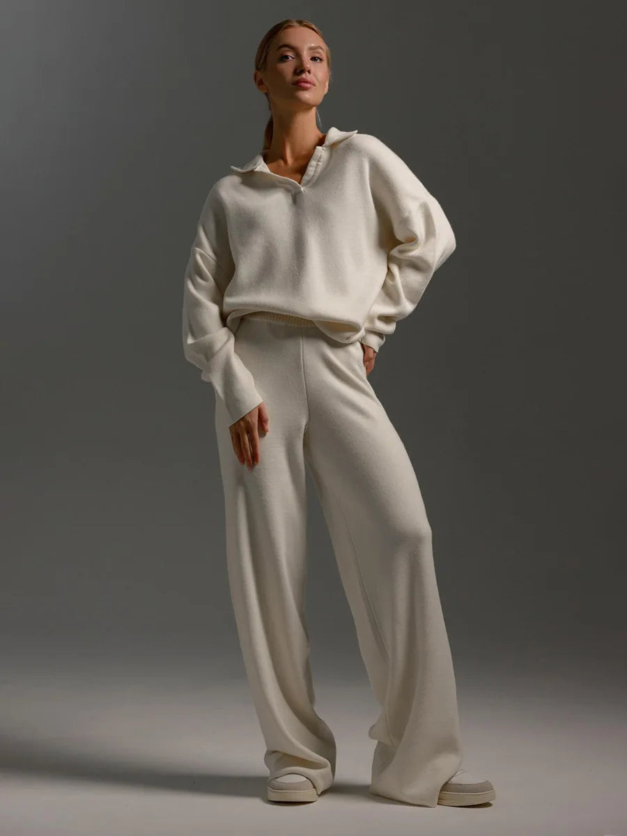 Loose Long Sleeves Pullover Elastic High Waist Trouser Knitted Set