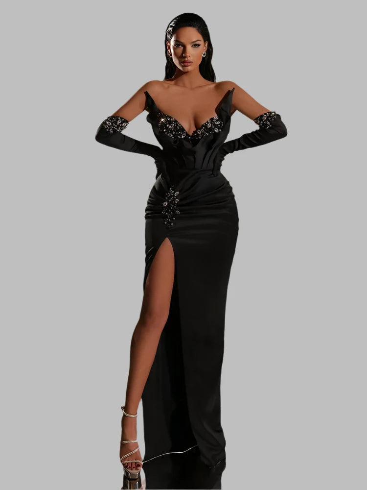 Diamonds Decor V Neck with Gloves High Slit Beads Backless Maxi Dress