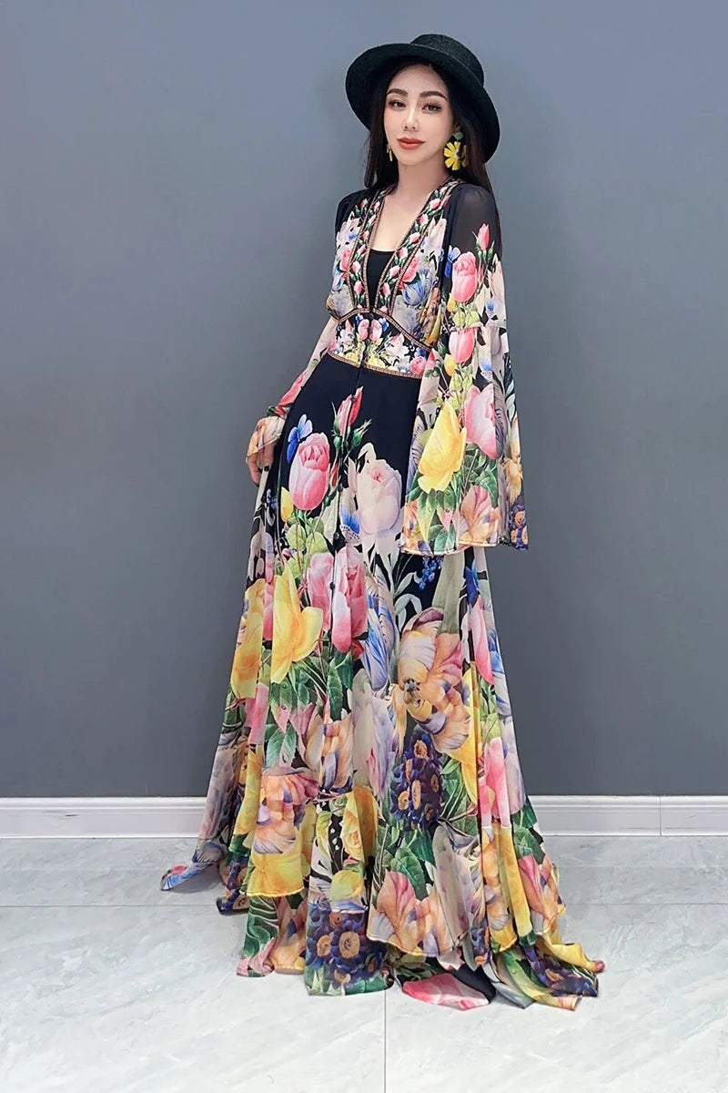 Chiffon Printed V-neck Flare Sleeve Floor Length A-line Maxi Dress