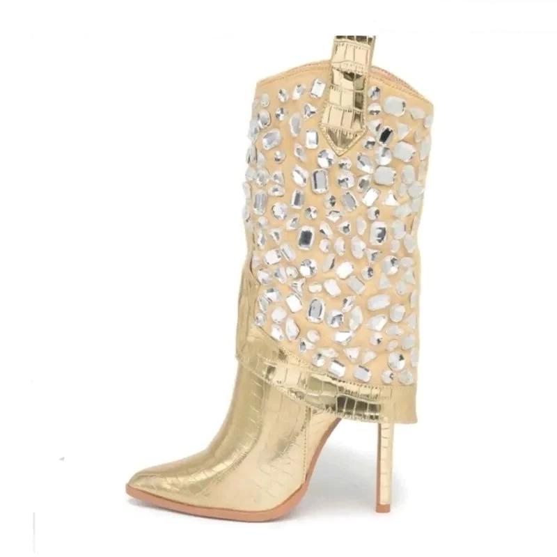 Bling Crystal Embellished Pointed Toe High Heels Slip On Ankle Boots