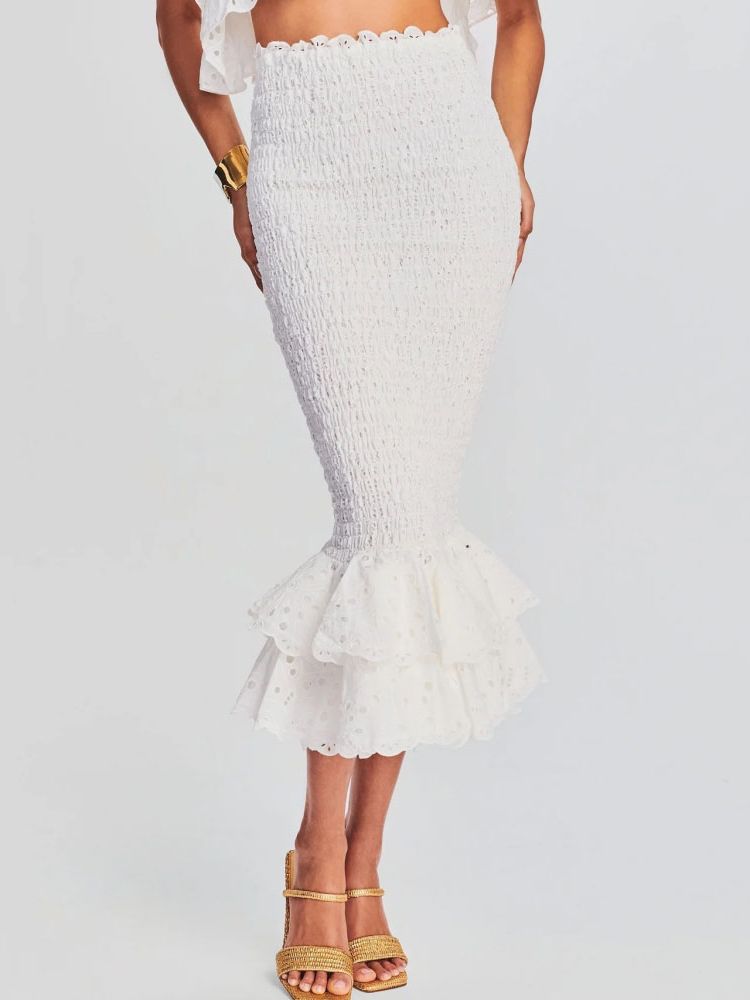 Diagonal Neck Top High Waist Mid Skirt Embroidery Ruffle Set