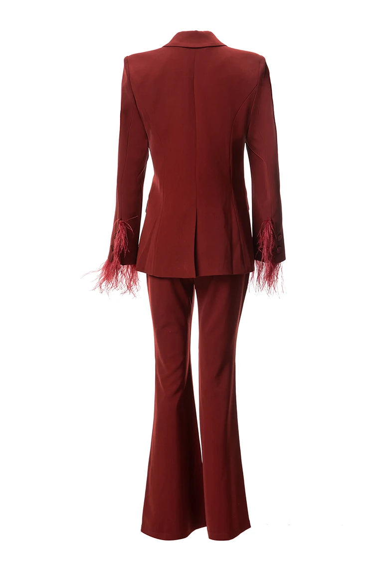 Lapel Caller Tassels Feather Long Sleeve Blazer Straight Trousers Set