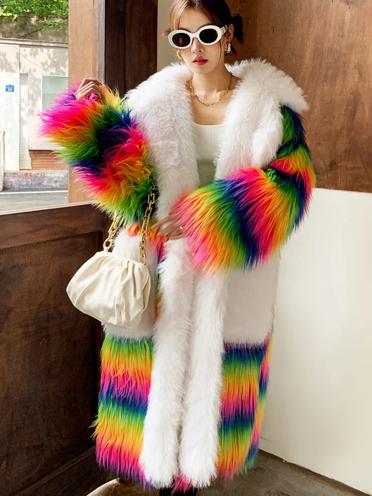 Lapel Rainbow Coloured Long Sleeves Loose Fit Faux Fur Coat