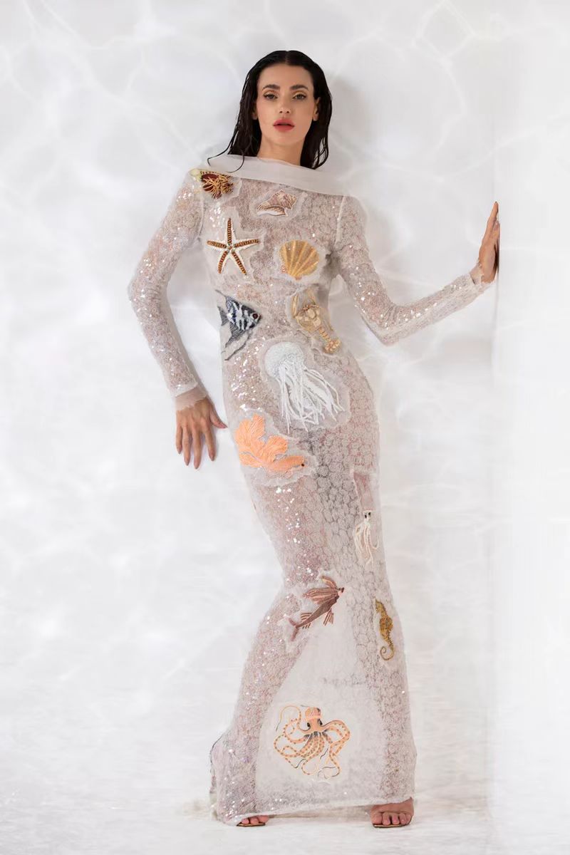 Long Sleeve Sequins Shinning Sea Star Backless Maxi Dress