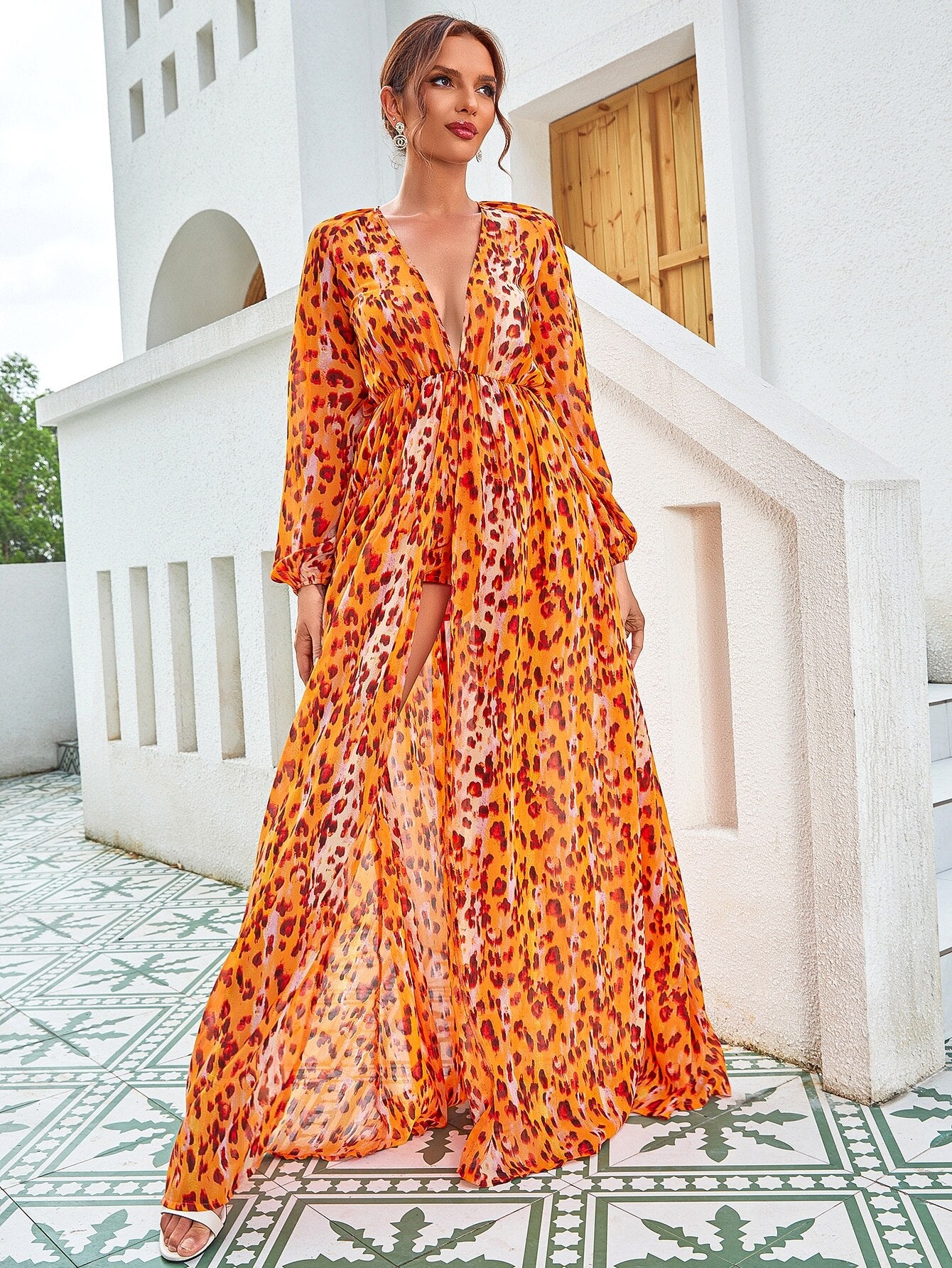 Leopard Print V-neck Long Sleeve Split Beach Maxi Dress