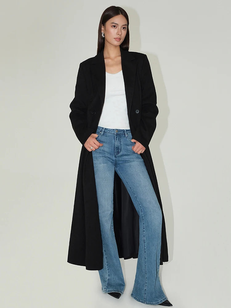 Lapel Double Breasted Full Sleeve Button Woollen Maxi Overcoat