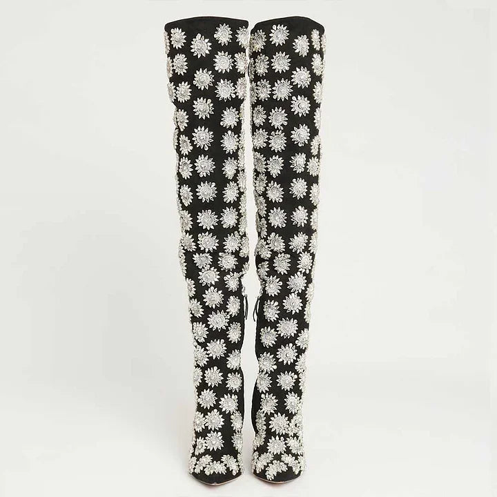 Crystal Print Pointed Toe High Heel Over the Knee Boots