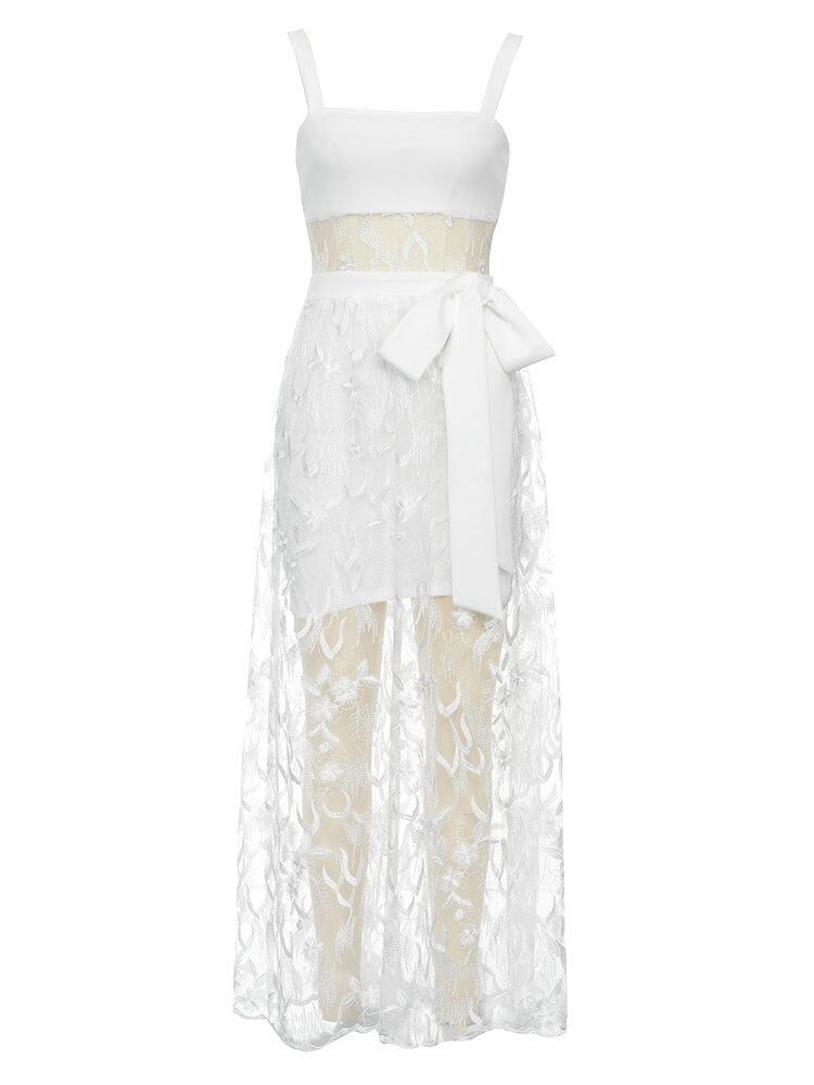 Strap Sleeveless Embroidered Tulle Patchwork Lace up Mid Dress