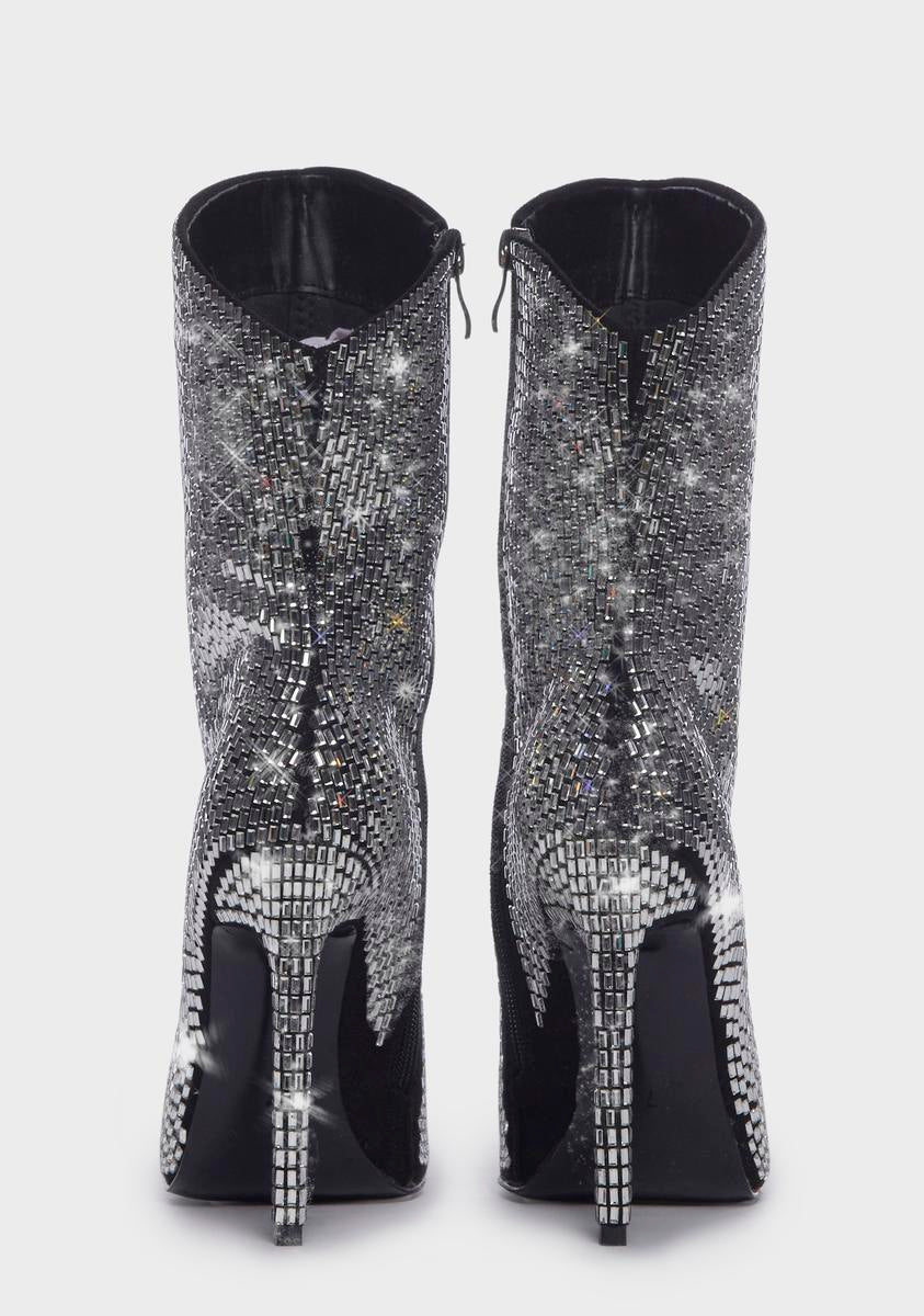 Pointed Toe Mid-Calf Full Cover Rivet Diamonds Thin High Heel Boots