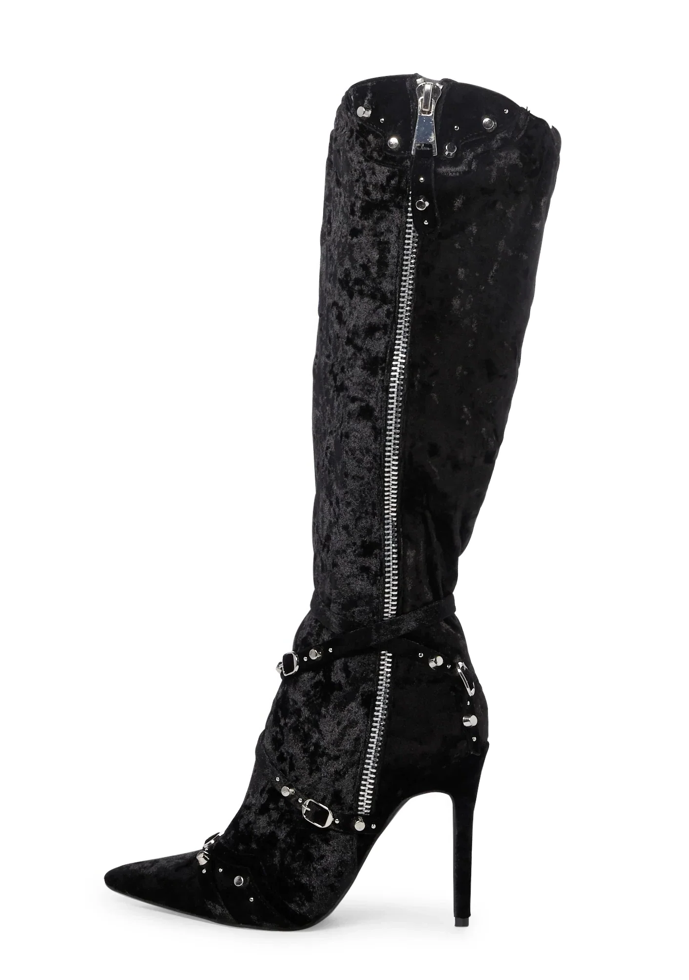 Buckle Strap Decor Pointed Toe High Heels Zipper Knee High Boots