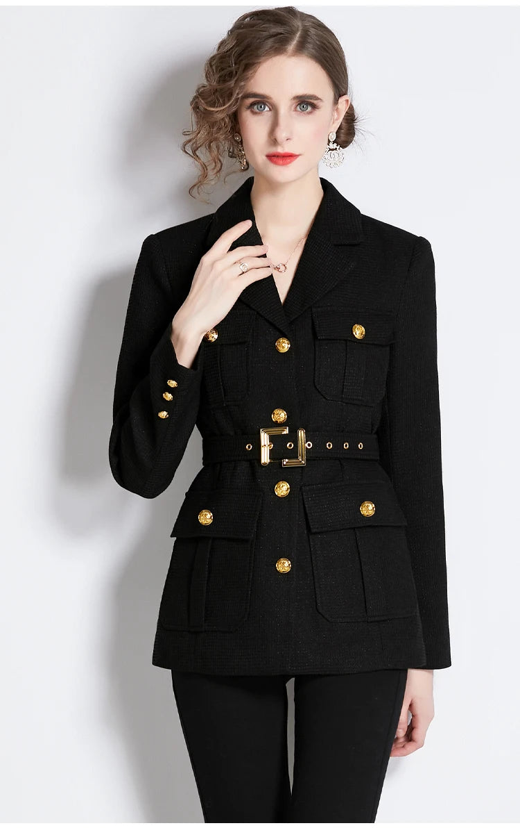 Chickened Vintage Golden Buttons Pocket  Collar Belted Blazers