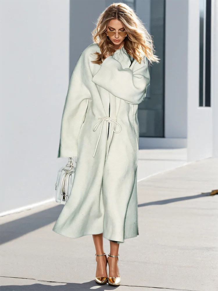 O Neck Loose Drawstring Waist Long Sleeve Maxi Woollen Overcoat