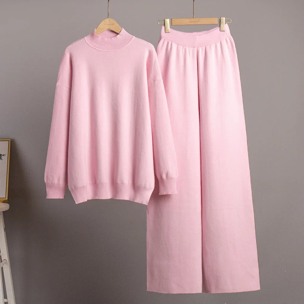 Turtleneck Loose Side Slit Pullover High Waist Straight Trouser Knitted Set