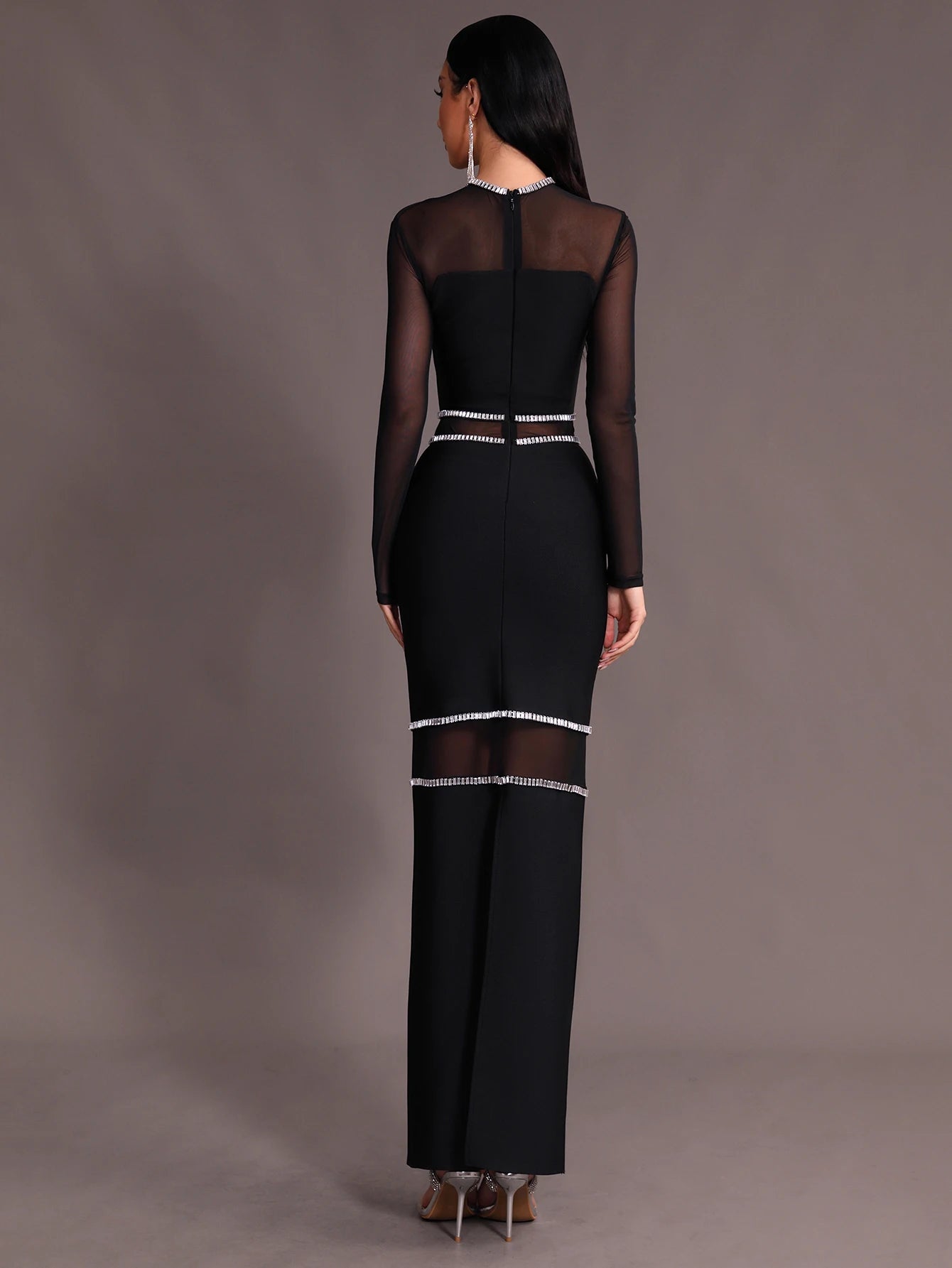 O-Neck Mesh Diamond Decor Tight Bandage Maxi Dress