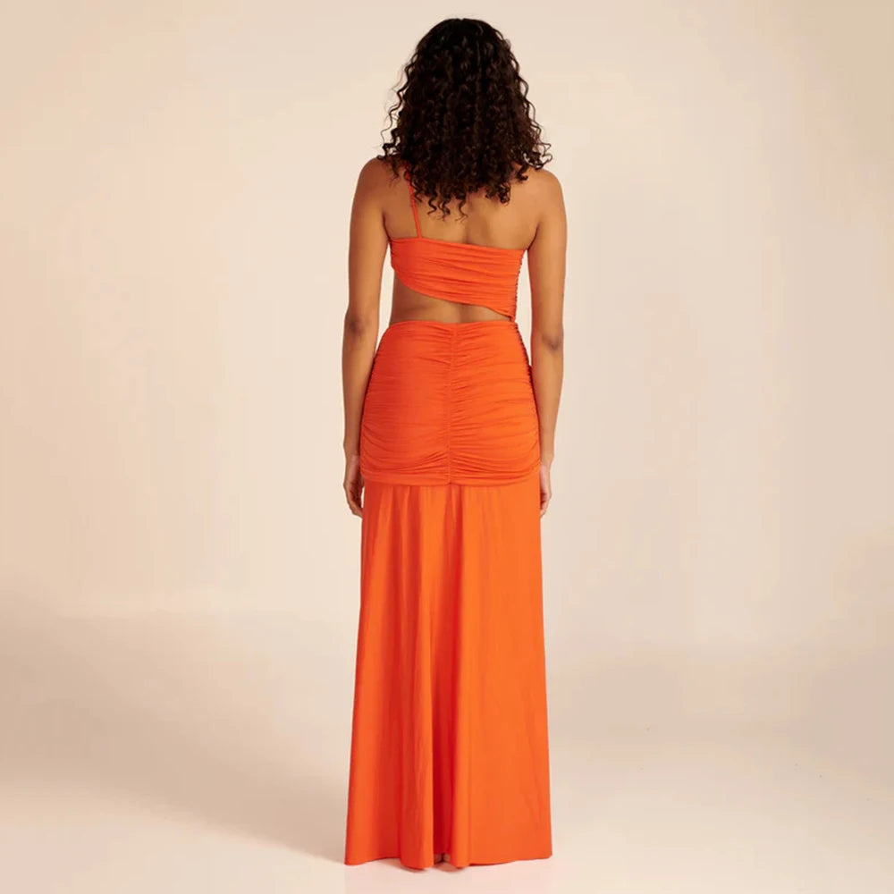 Sleeveless One Shoulder Pleated Hollow out Maxi Dress