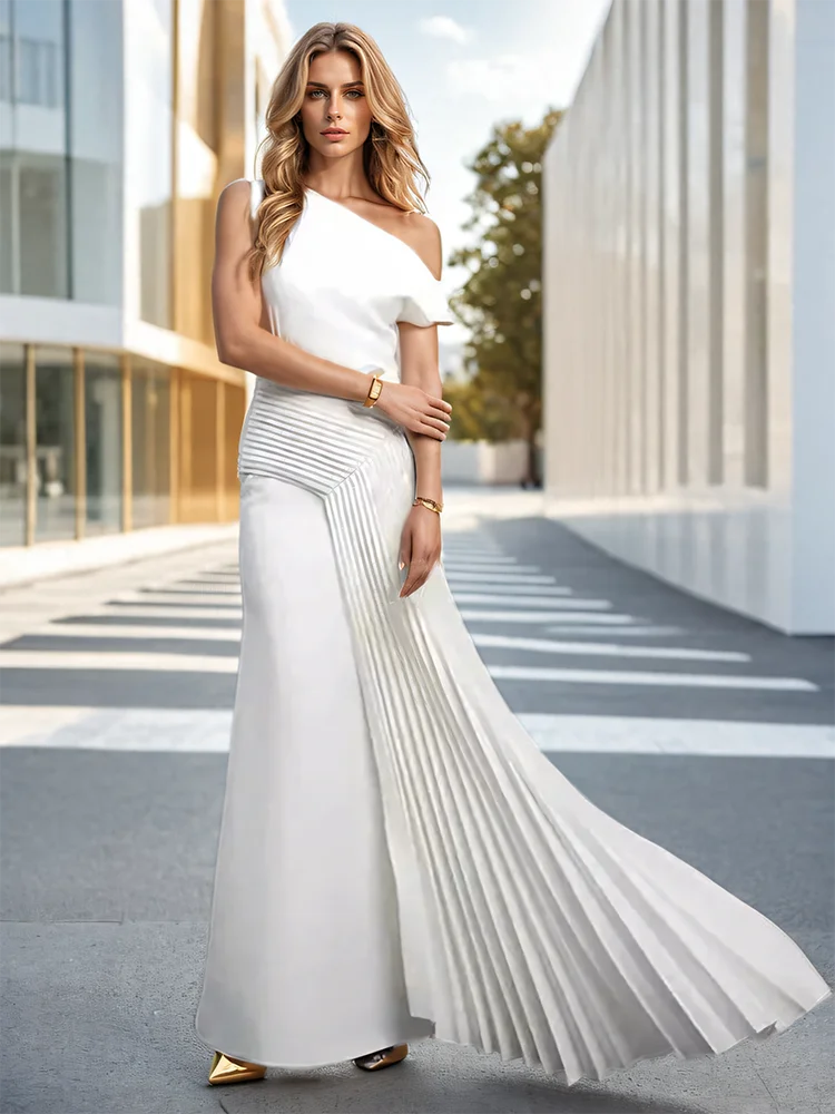 Skew Collar Spliced Pleated Design High Waist Sleeveless Maxi Dress