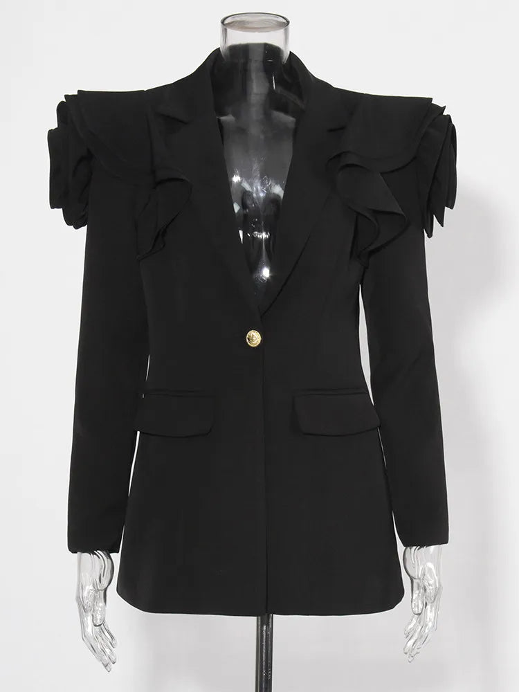 Notched Collar Patchwork Ruffle Shoulder Long Sleeve Blazer