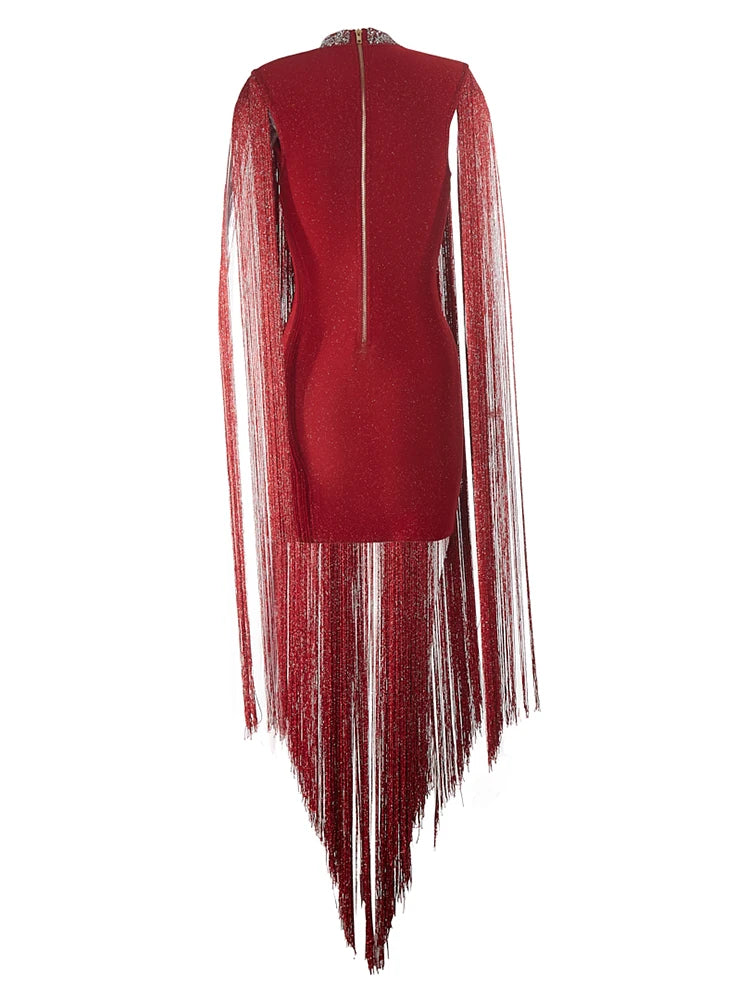 Sleeveless O Neck Tassel Claret Hollow Out Shiny Bandage Mini Dress