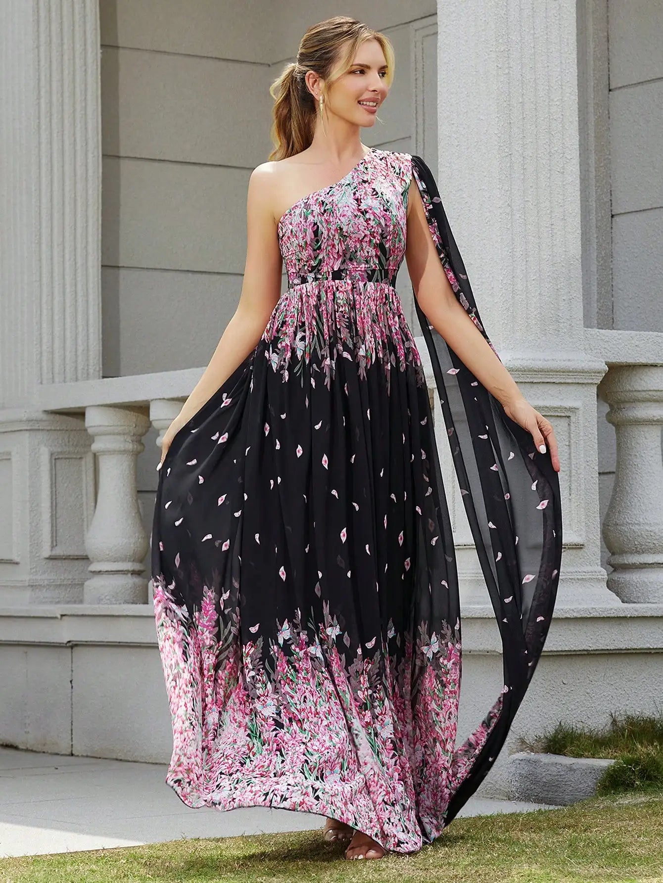 One-Shoulder Diagonal Neck Floral Print Flowy Hem Maxi Dress