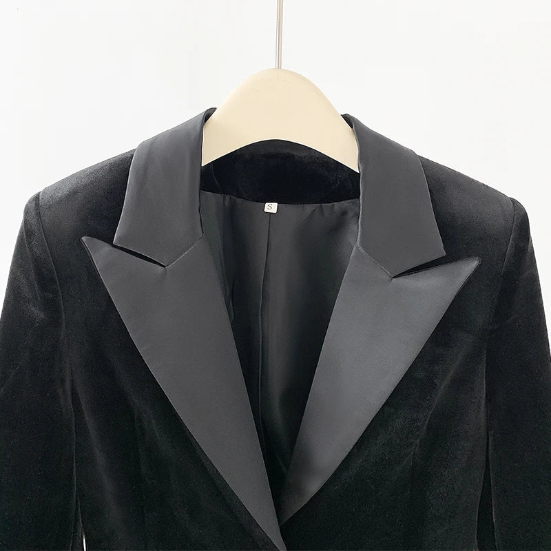 Velvet Feathers Satin Lapel Collar Long Sleeve Blazer