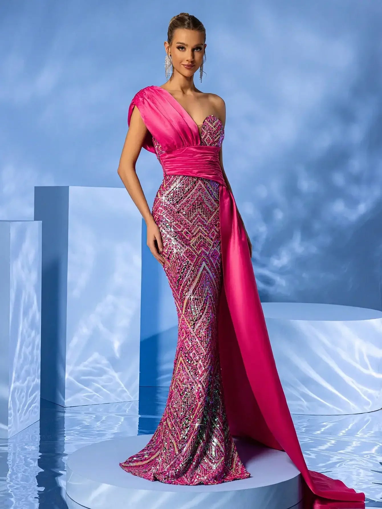 Sleeveless One-Shoulder Pink Sequined Trimmed Draping Hem Maxi Dress