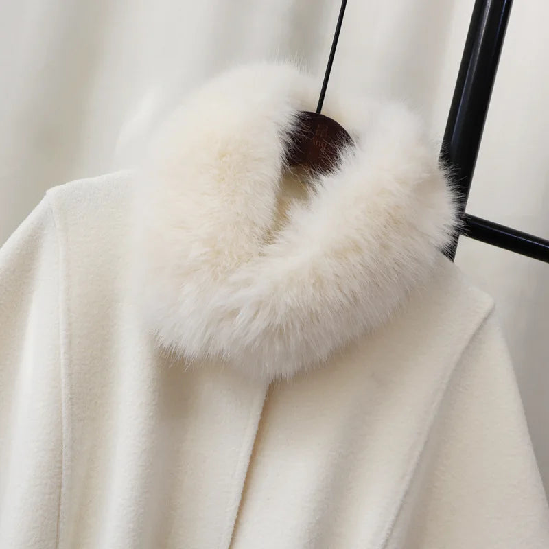 Fur Collar Knitted Double Sided Cloak Loose Belt Waist Shawl Coat