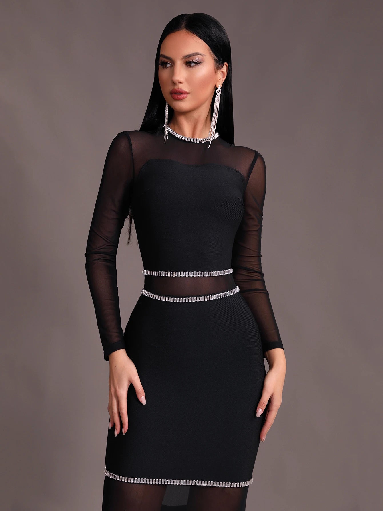 O-Neck Mesh Diamond Decor Tight Bandage Maxi Dress