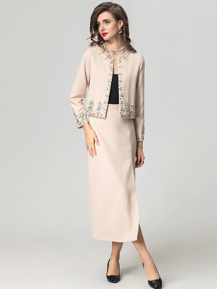 O-Neck Long Sleeves Diamonds Jacket Split Long Pencil Mid Skirt Set