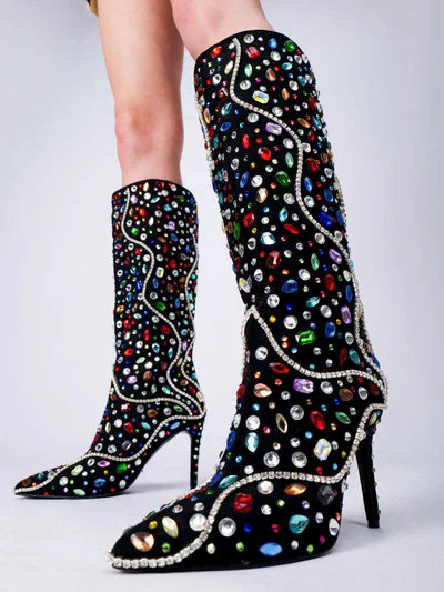 Rhinestone Pointed Toe Bling Crystal Thin High Heel Knee High Boots