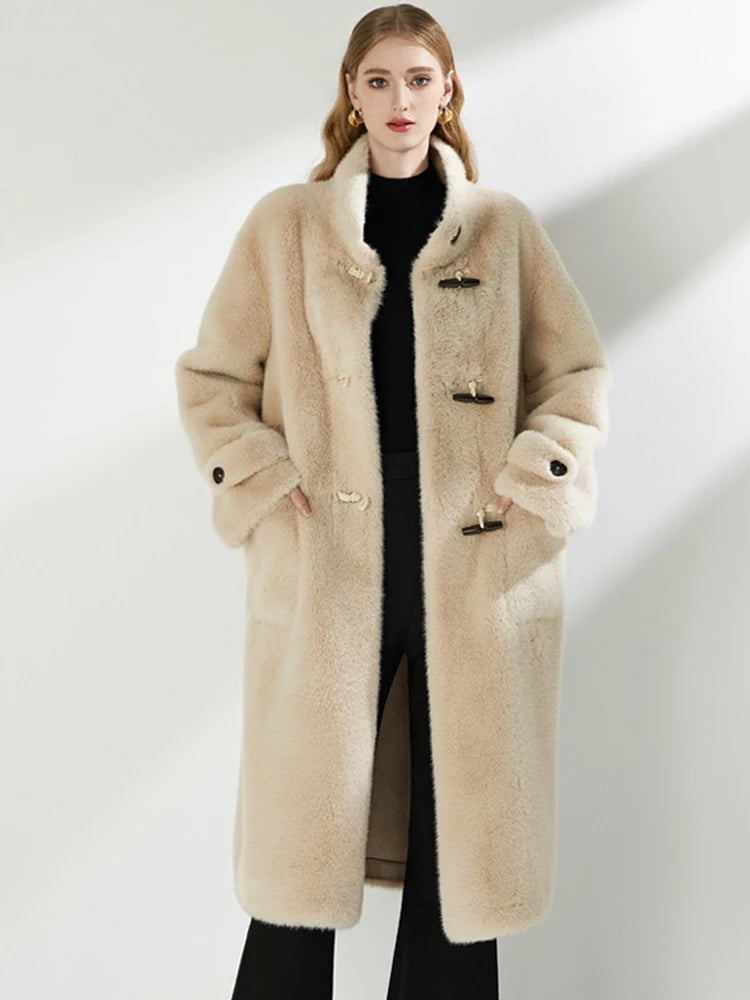 Stand Collar Single Button Pockets Loose Thick Warm Faux Fur Overcoat