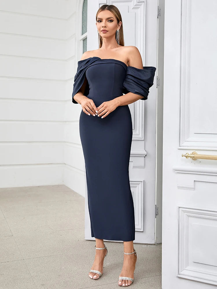 Off Shoulder Slash Neck Patchwork Maxi Bandage Dress