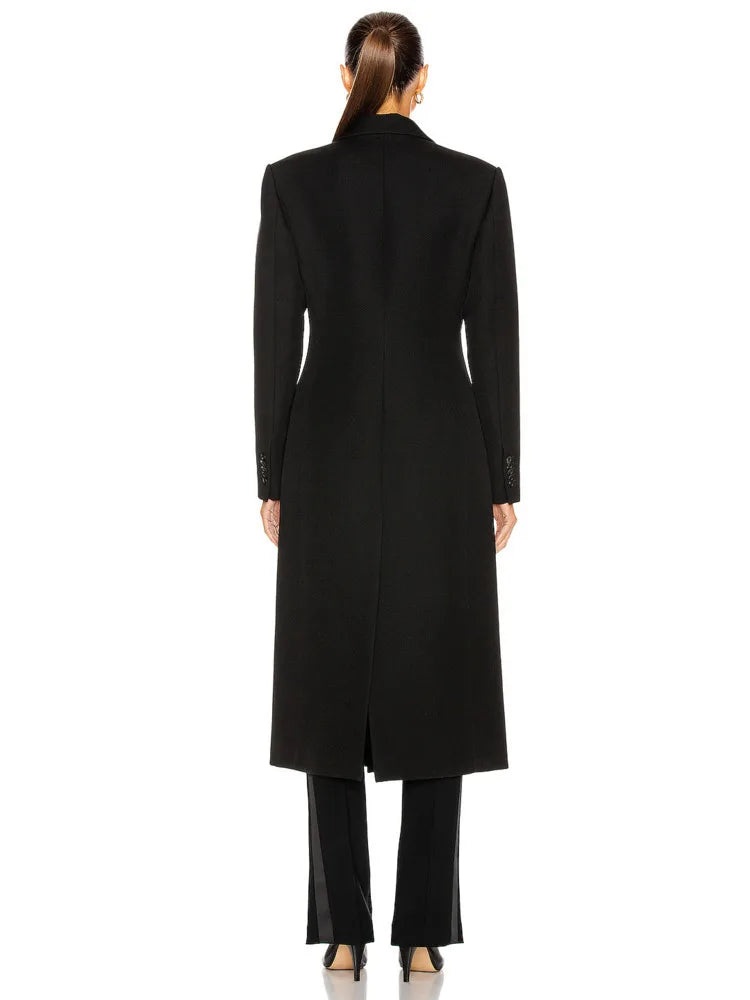 Notched Collar Double Breasted High Waist Woollen Overcoat