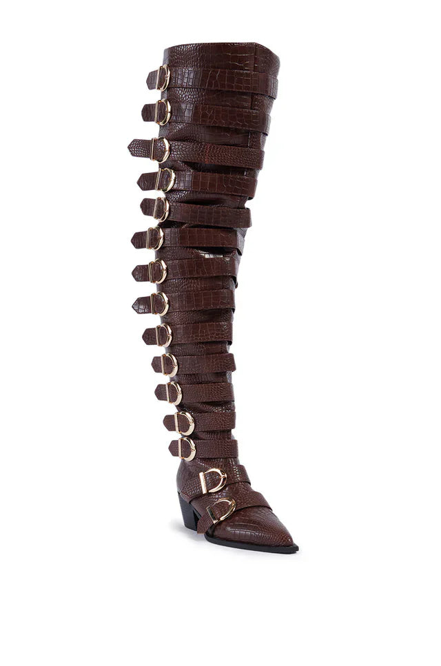 Pointed Toe PU Leather Thick Heels Zip Belt Over The Knee Boots