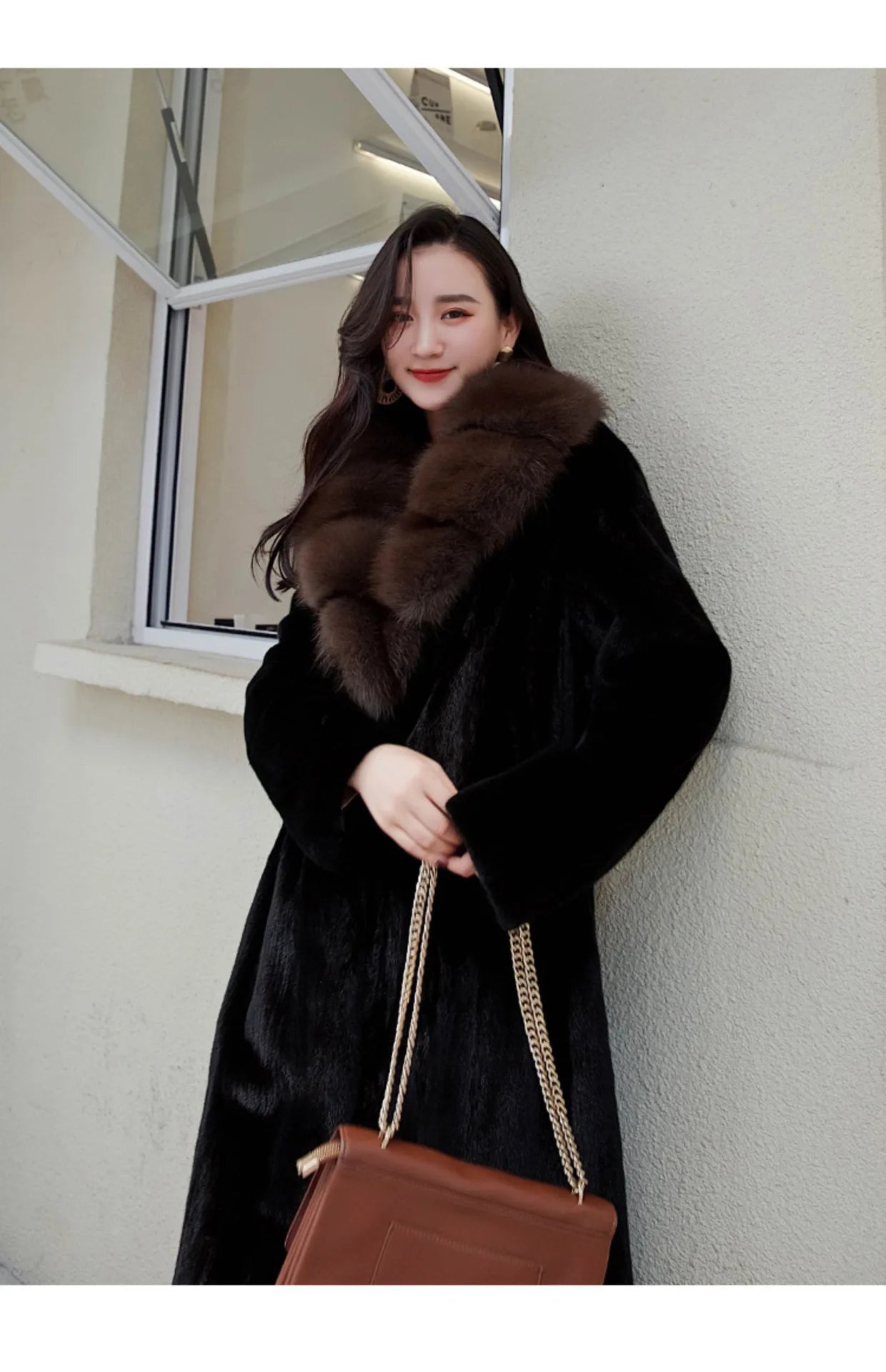 Fur Collar Loose Long Sleeves Thick Warm Mink Fur Overcoat