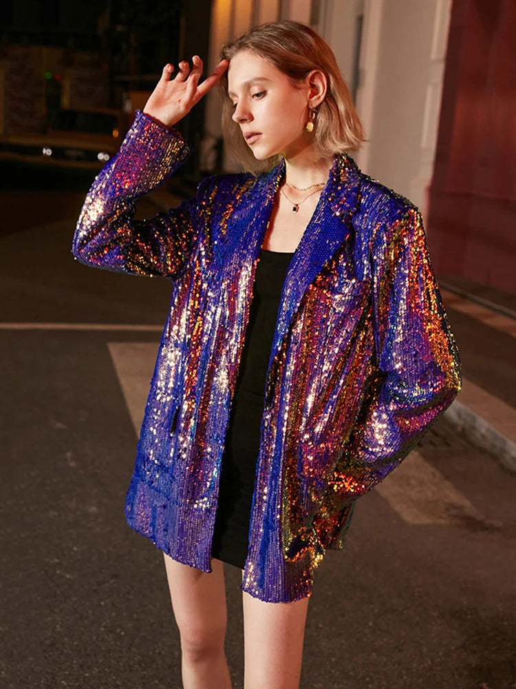 Sequin Notched Single Button Pockets Slim Colourful Blazer