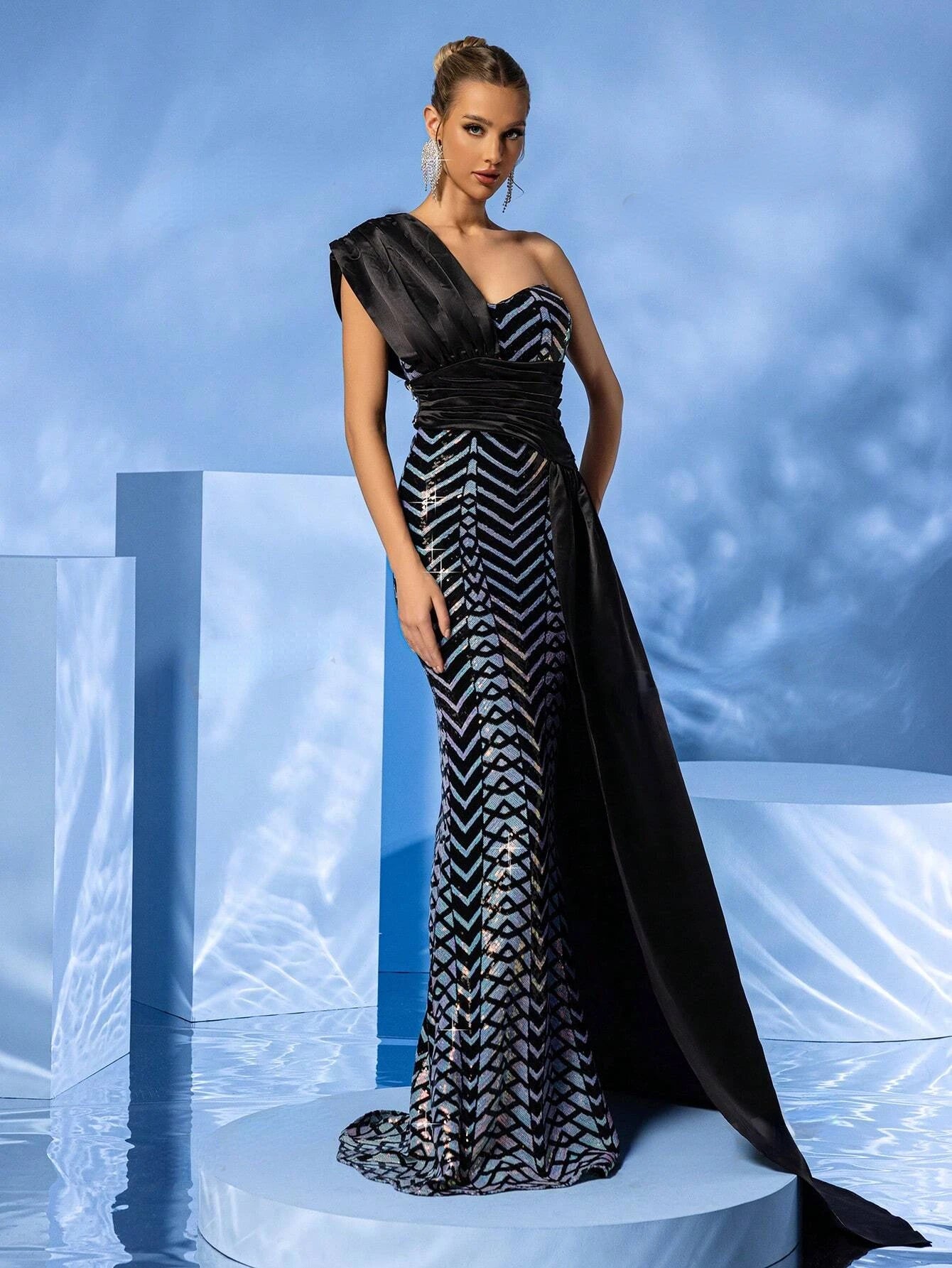 One-Shoulder Draped Geometric Sequin Mermaid Hem Maxi Dress